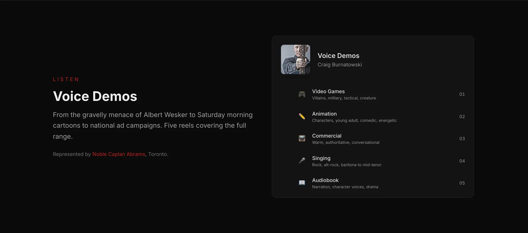 Voice demos section of craigburnatowski.com