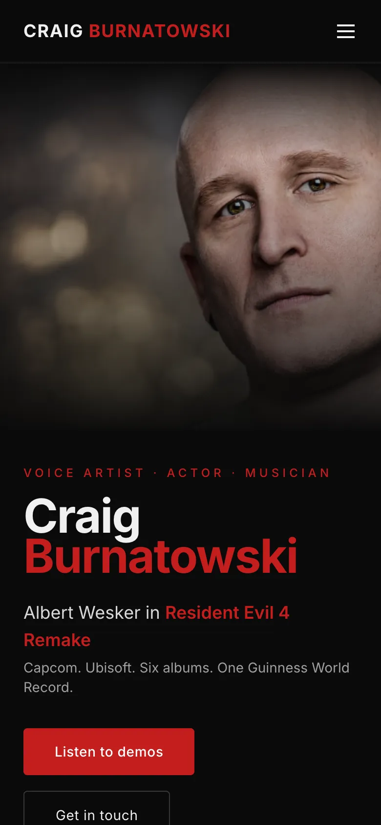 Mobile view of craigburnatowski.com, portrait stacked above the name, with the Wesker line still front-of-fold