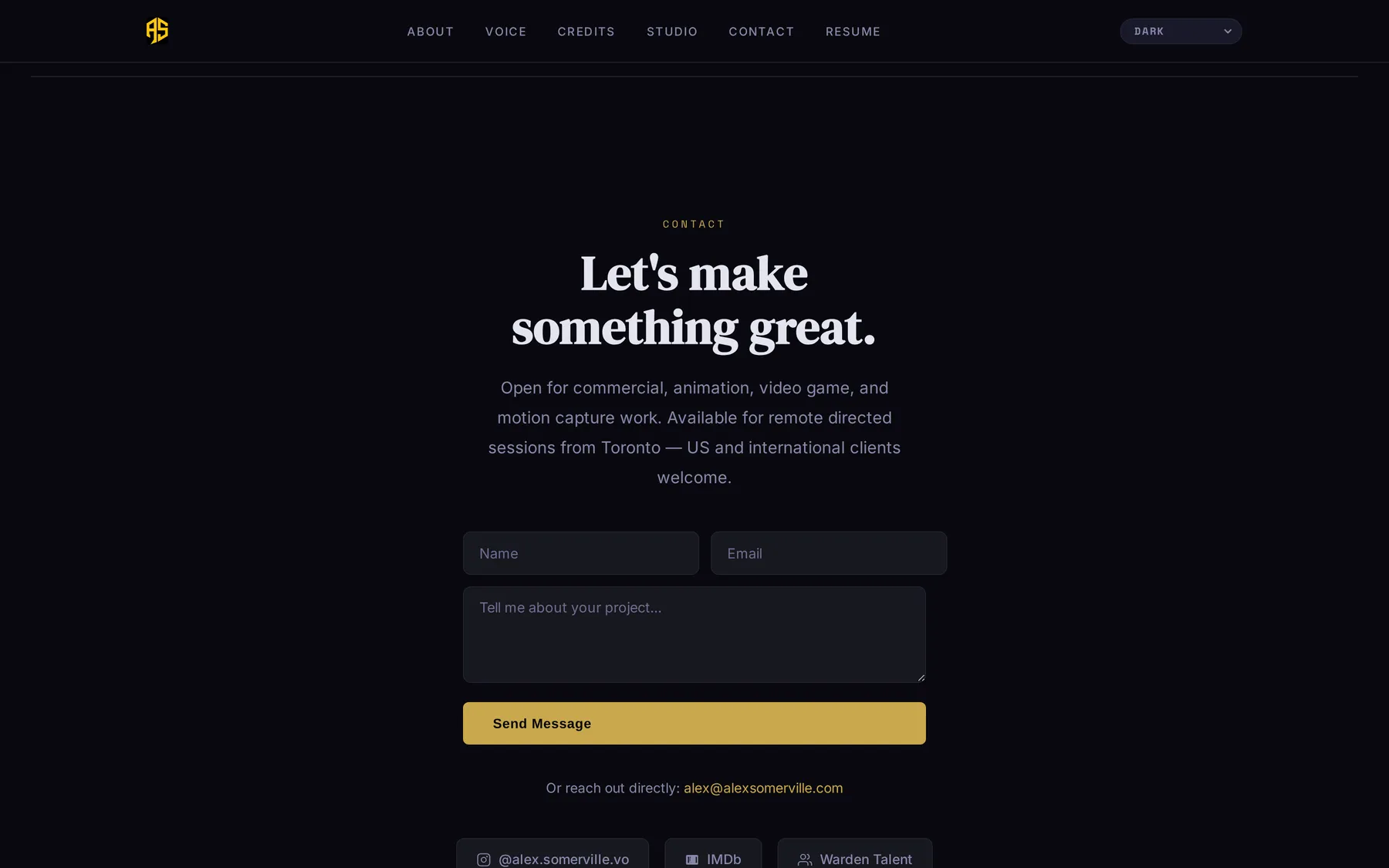 Contact section of alexsomerville.com in Dark mode