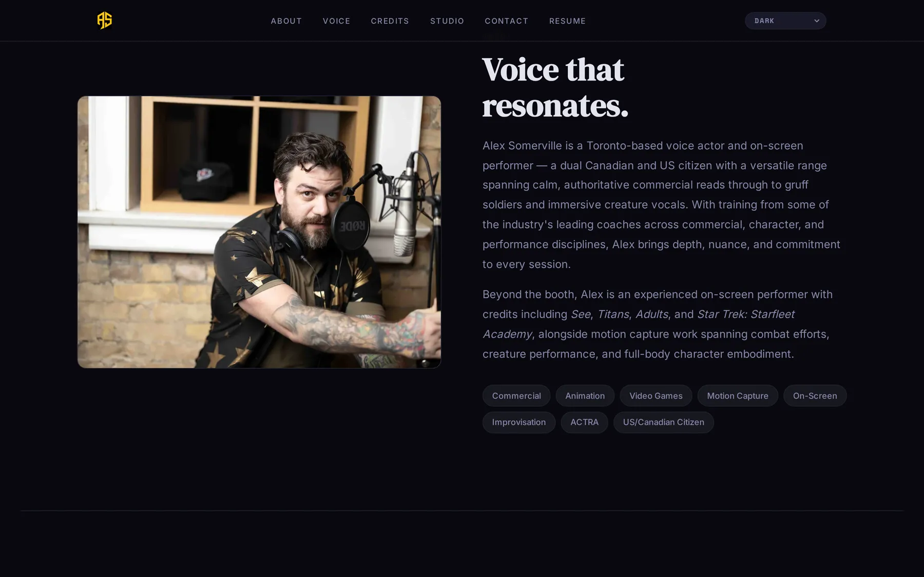 Voice section of alexsomerville.com in Dark mode