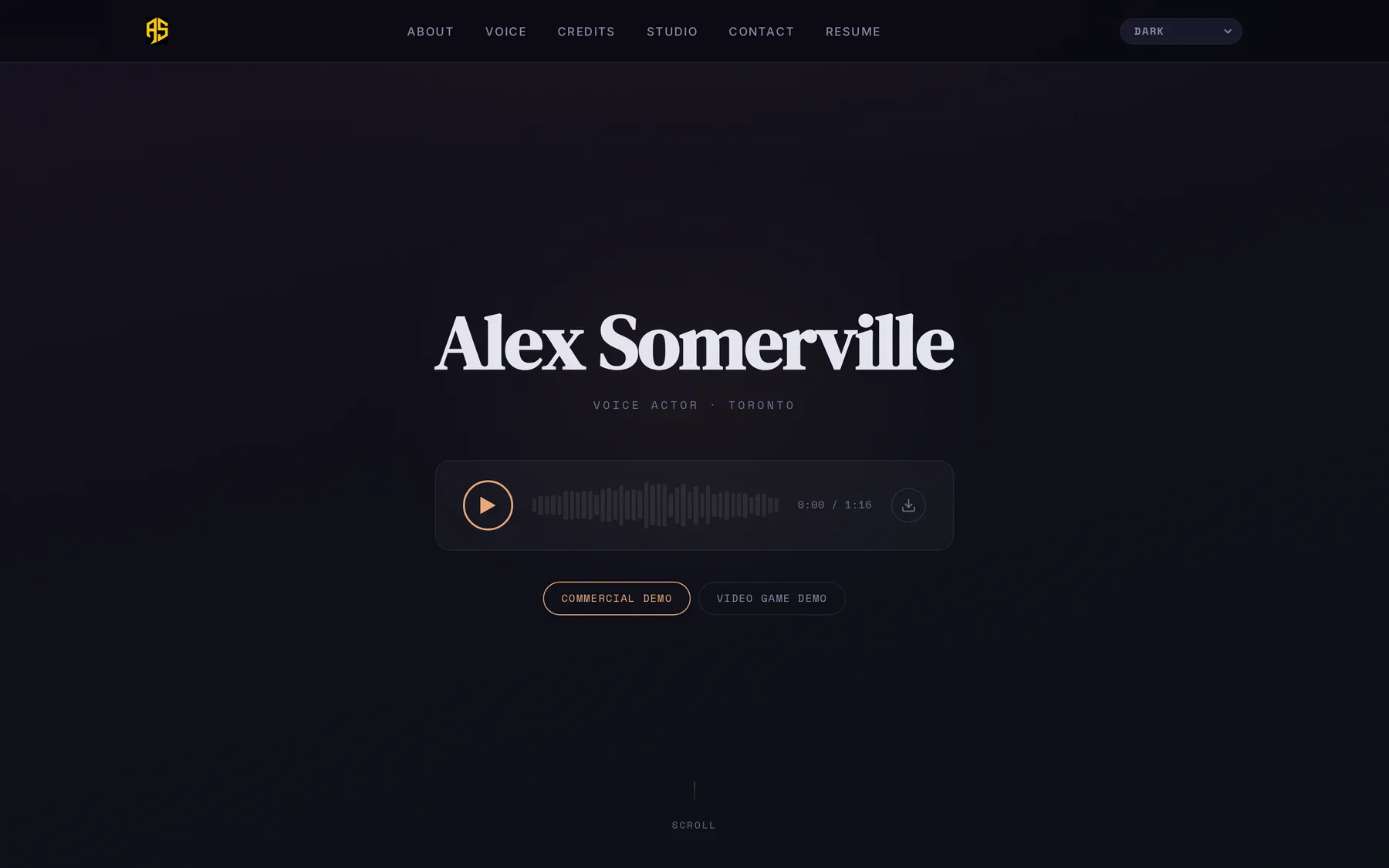 Desktop hero of alexsomerville.com in Dark mode