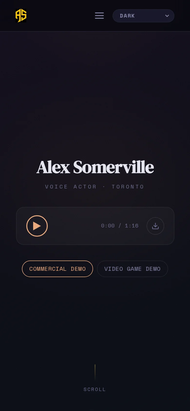 Mobile view of alexsomerville.com in Dark mode
