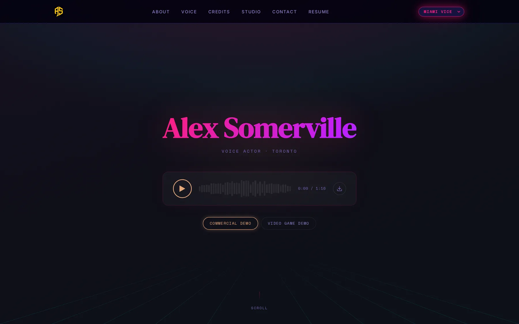 Desktop hero of alexsomerville.com in Miami Vice mode