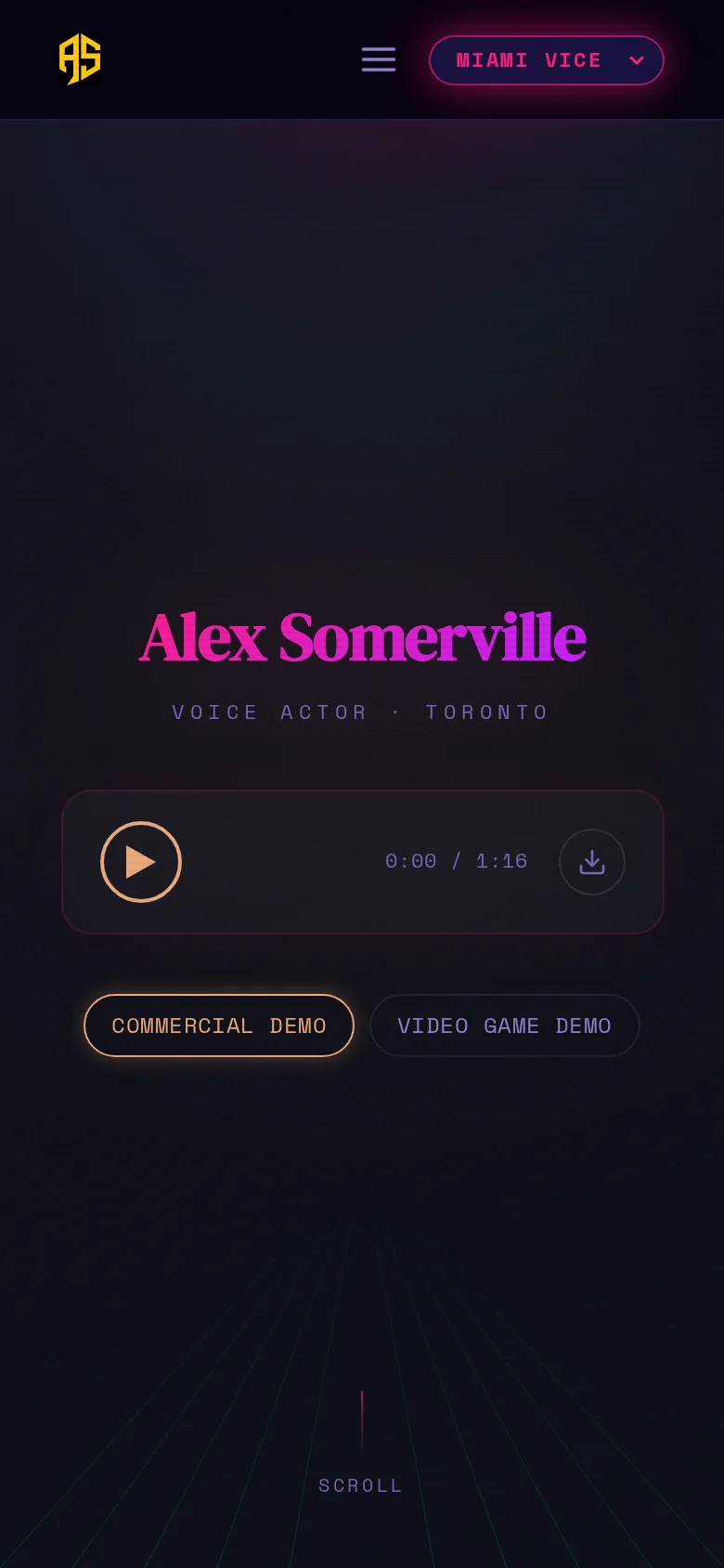 Mobile view of alexsomerville.com in Miami Vice mode