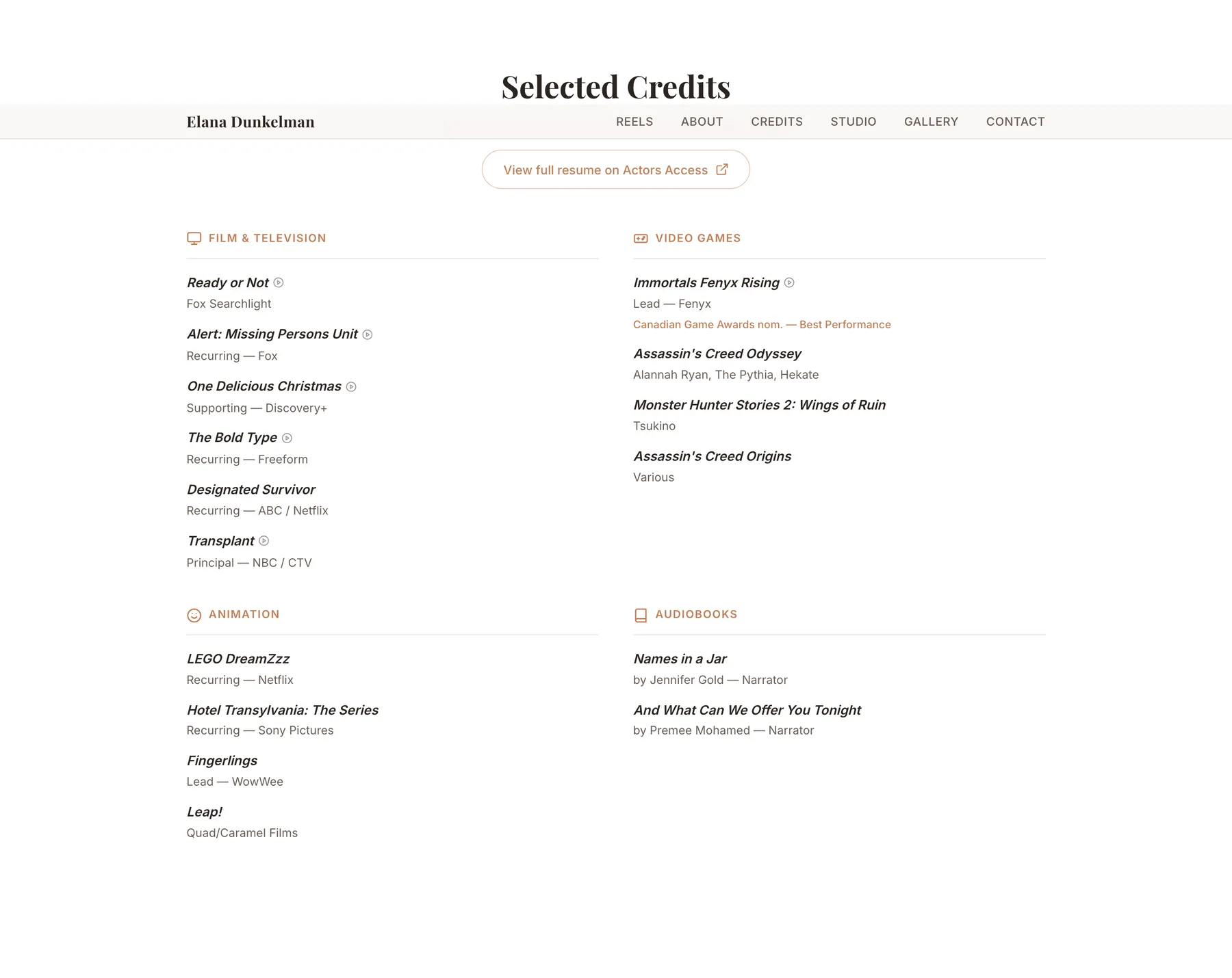 Selected credits section of elanadunkelman.co