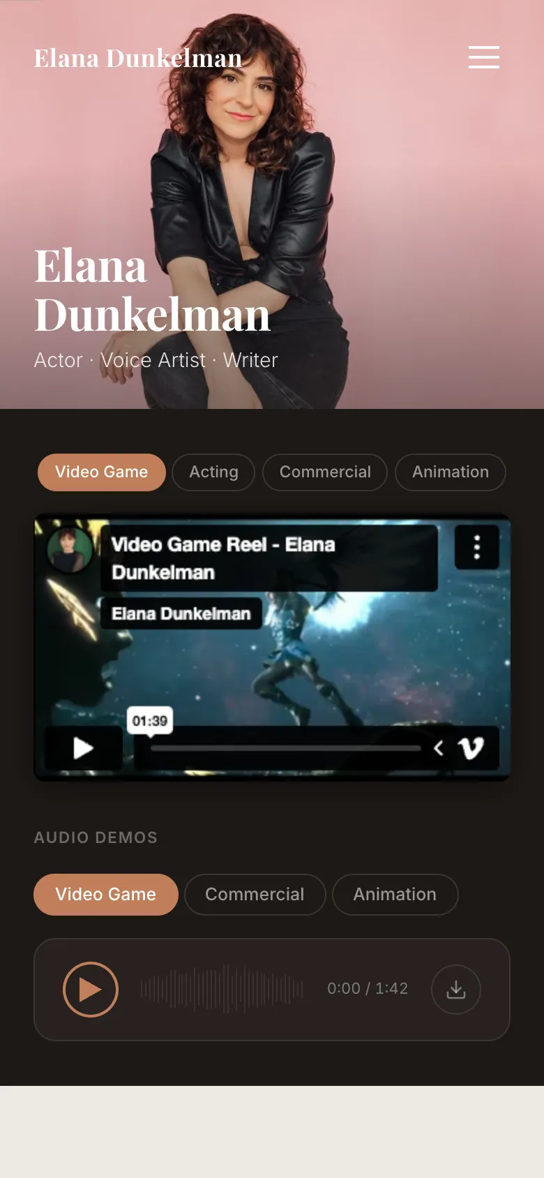 Mobile view of elanadunkelman.co, portrait stacked above the reel player